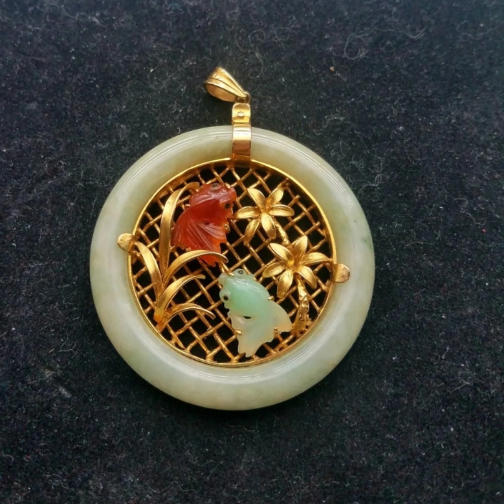 14k Gold Jade Pendant with Red and Green Jade